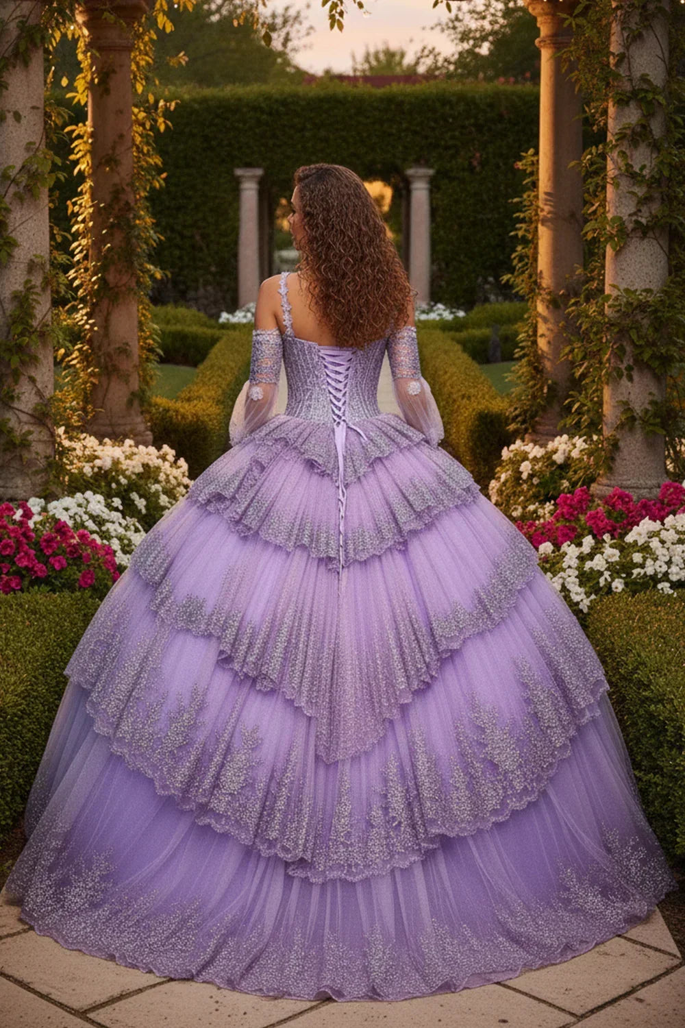 Dulcinea Layered Ruffled Ball Gown Cold Shoulder Quinceañera Dress With Embroidery