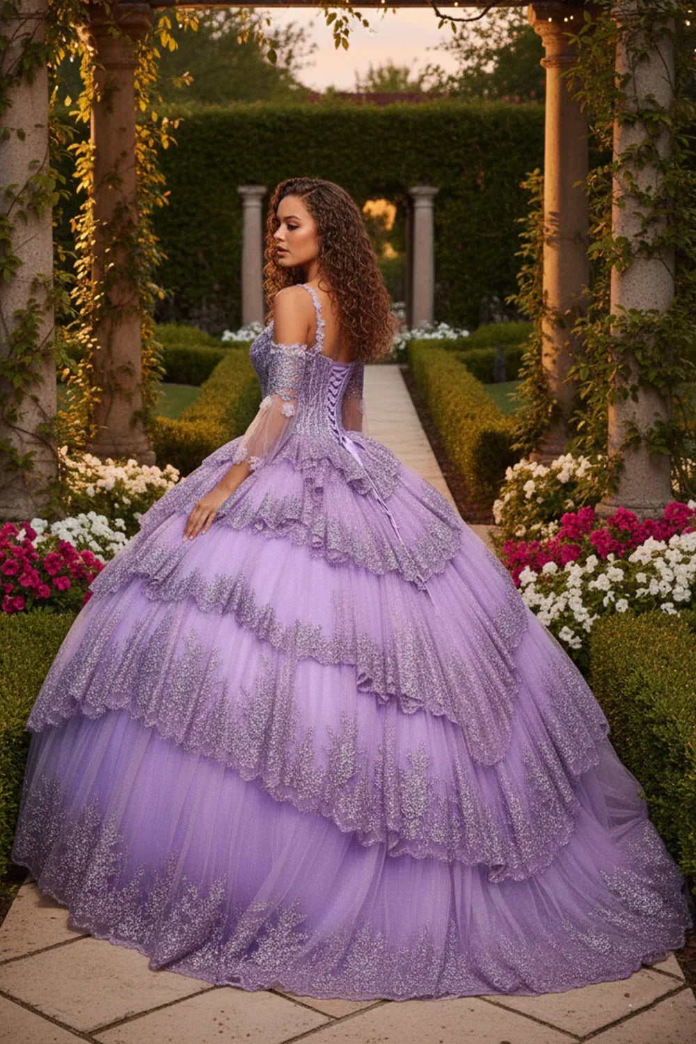 Dulcinea Layered Ruffled Ball Gown Cold Shoulder Quinceañera Dress With Embroidery