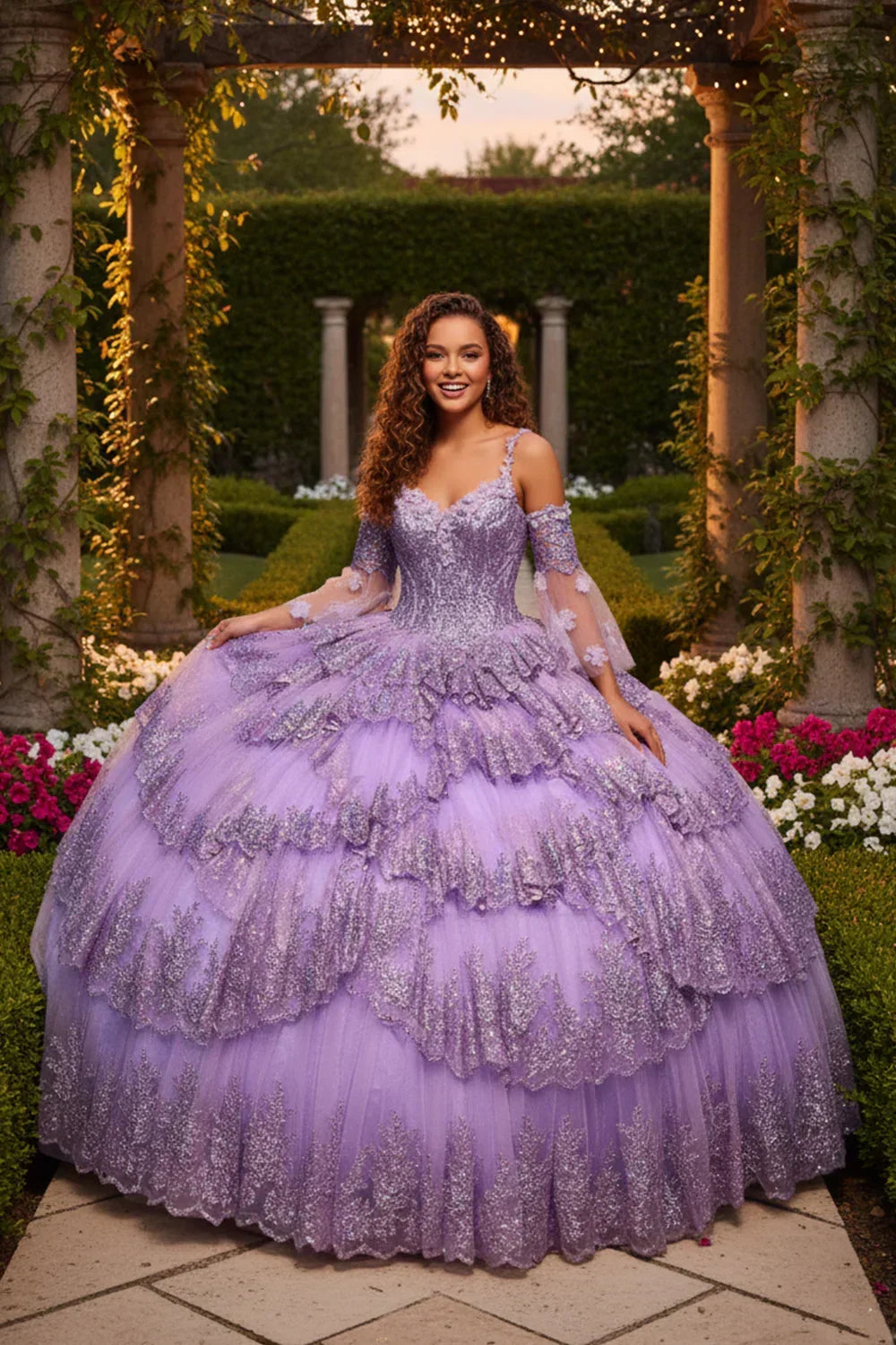 Dulcinea Layered Ruffled Ball Gown Cold Shoulder Quinceañera Dress With Embroidery