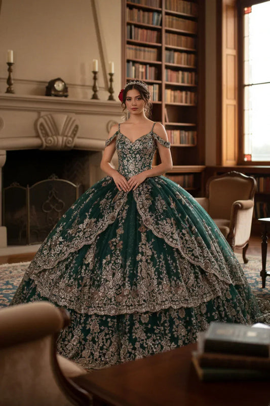 Esperanza Luxurious Ball Gown Cold Shoulder Quinceañera Dress With Glitter Lace