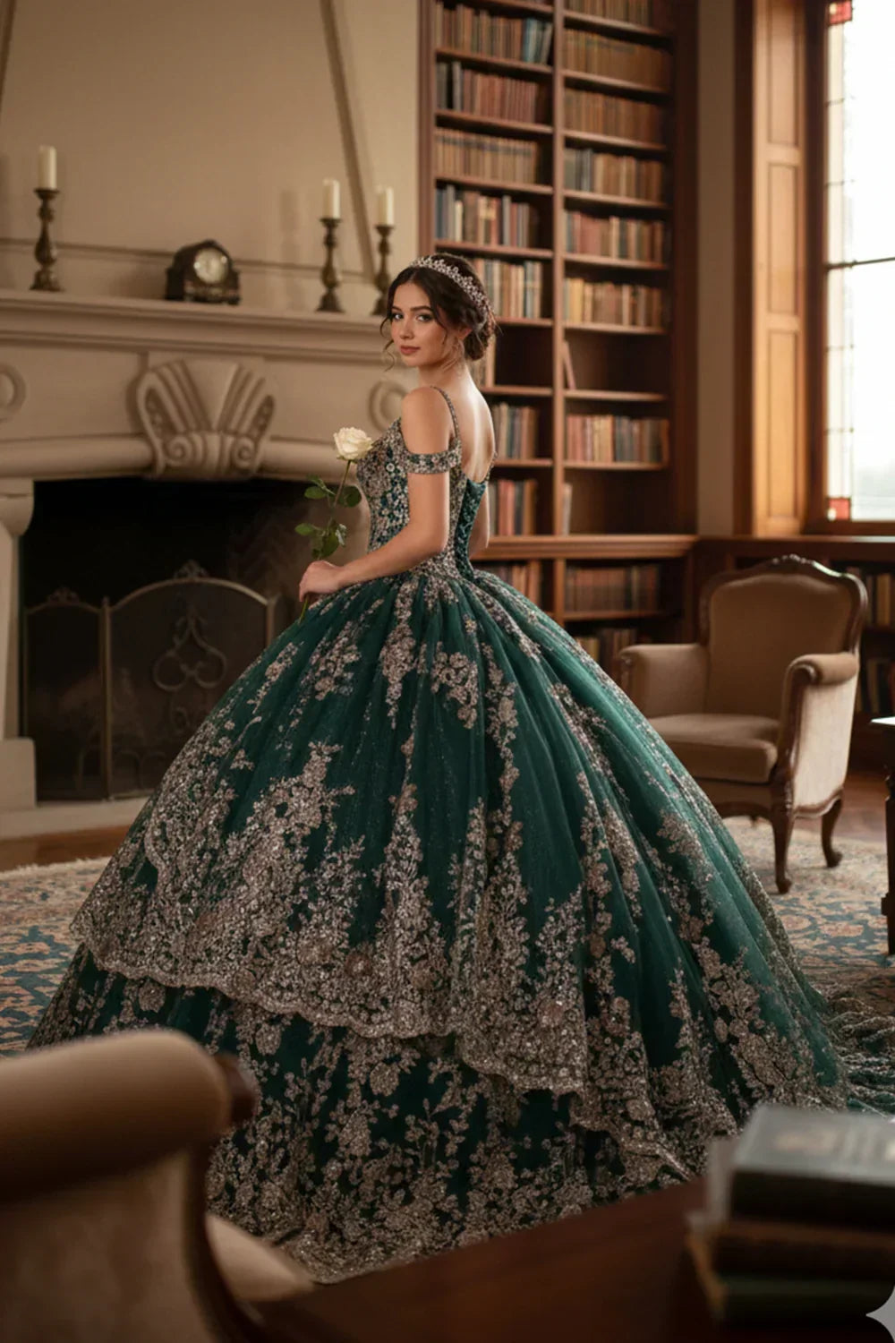 Esperanza Luxurious Ball Gown Cold Shoulder Quinceañera Dress With Glitter Lace