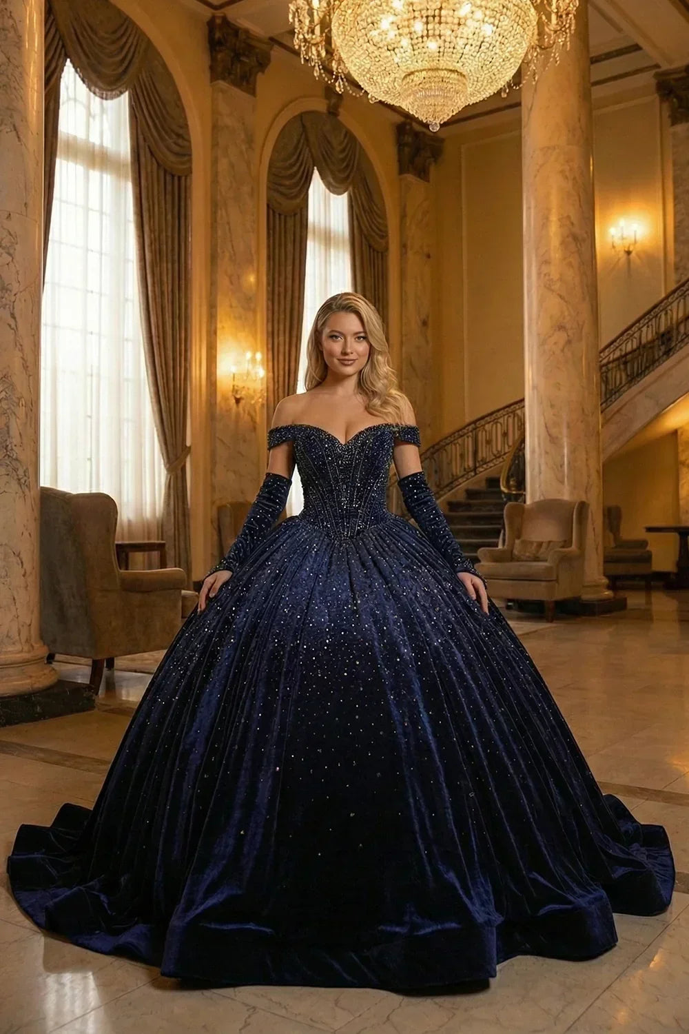 Lucero Luxurious Ball Gown Off-the-shoulder Quinceañera Dress With Glitter & Velvet