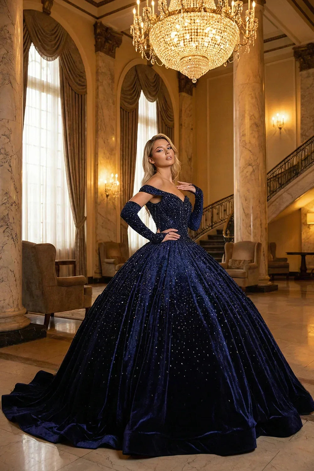 Lucero Luxurious Ball Gown Off-the-shoulder Quinceañera Dress With Glitter & Velvet