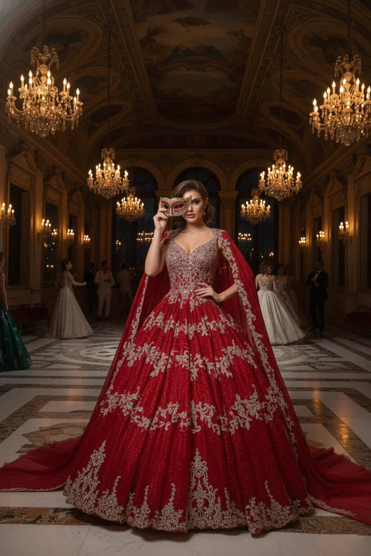 Catalina Luxurious Ball Gown Sweetheart Quinceañera Dress With Cape & Ornate Embroidery