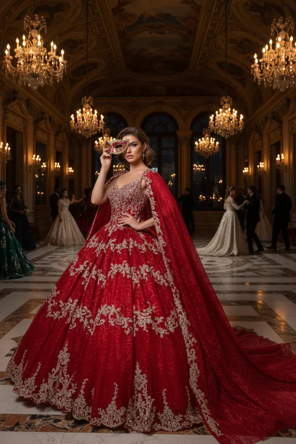 Catalina Luxurious Ball Gown Sweetheart Quinceañera Dress With Cape & Ornate Embroidery