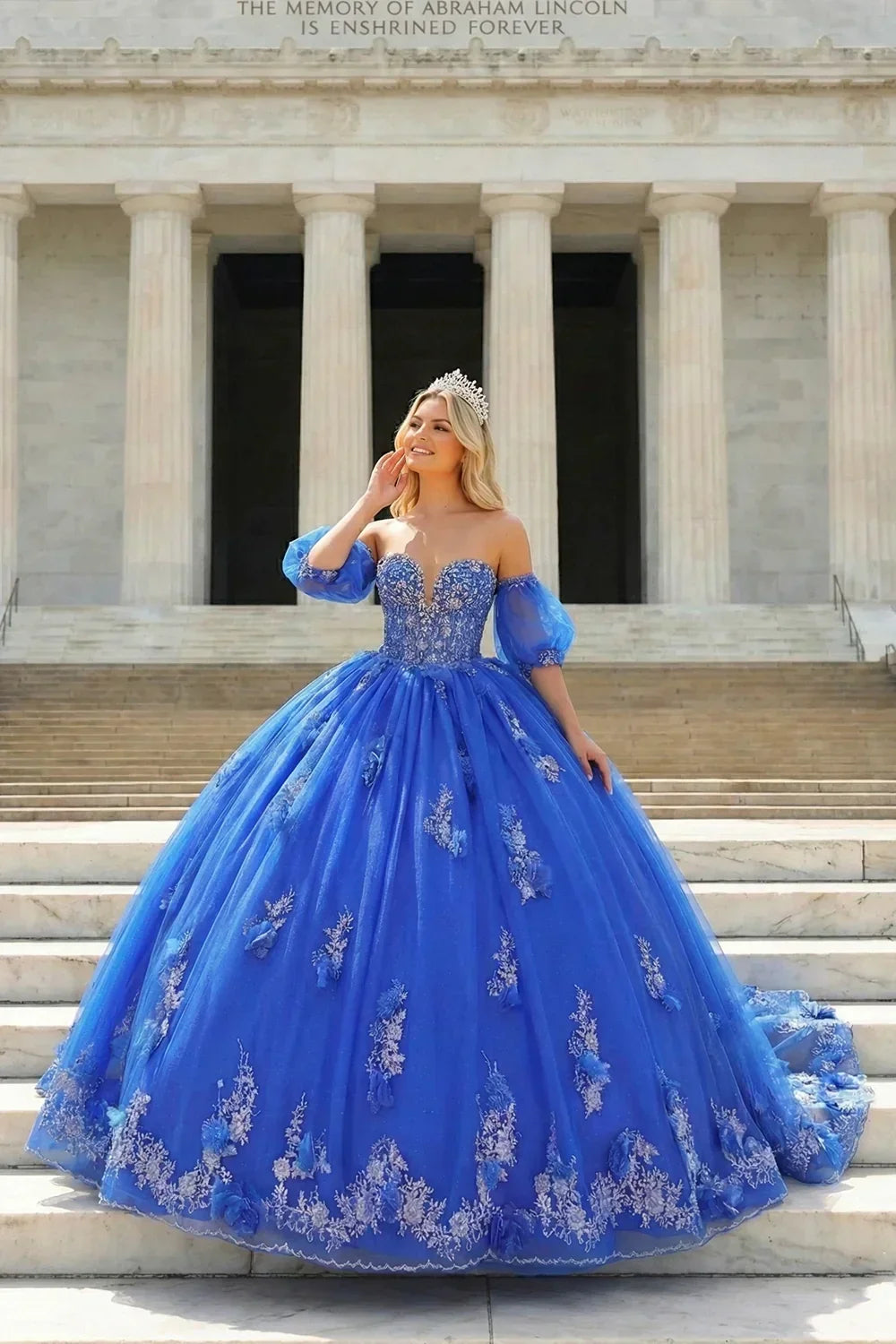Gabriela Off-Shoulder with Silver Flower Embroidery Quinceañera Dress
