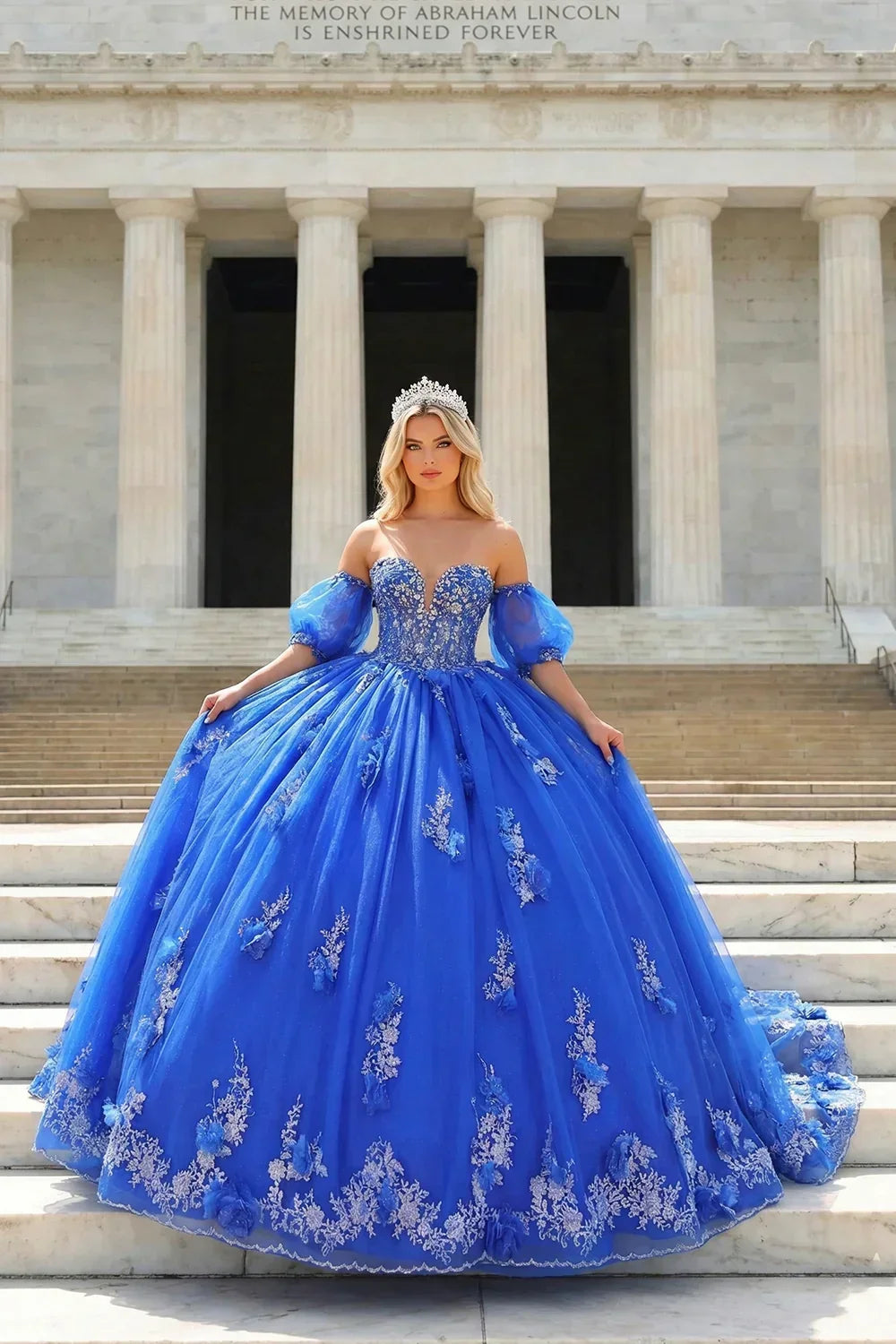 Gabriela Off-Shoulder with Silver Flower Embroidery Quinceañera Dress