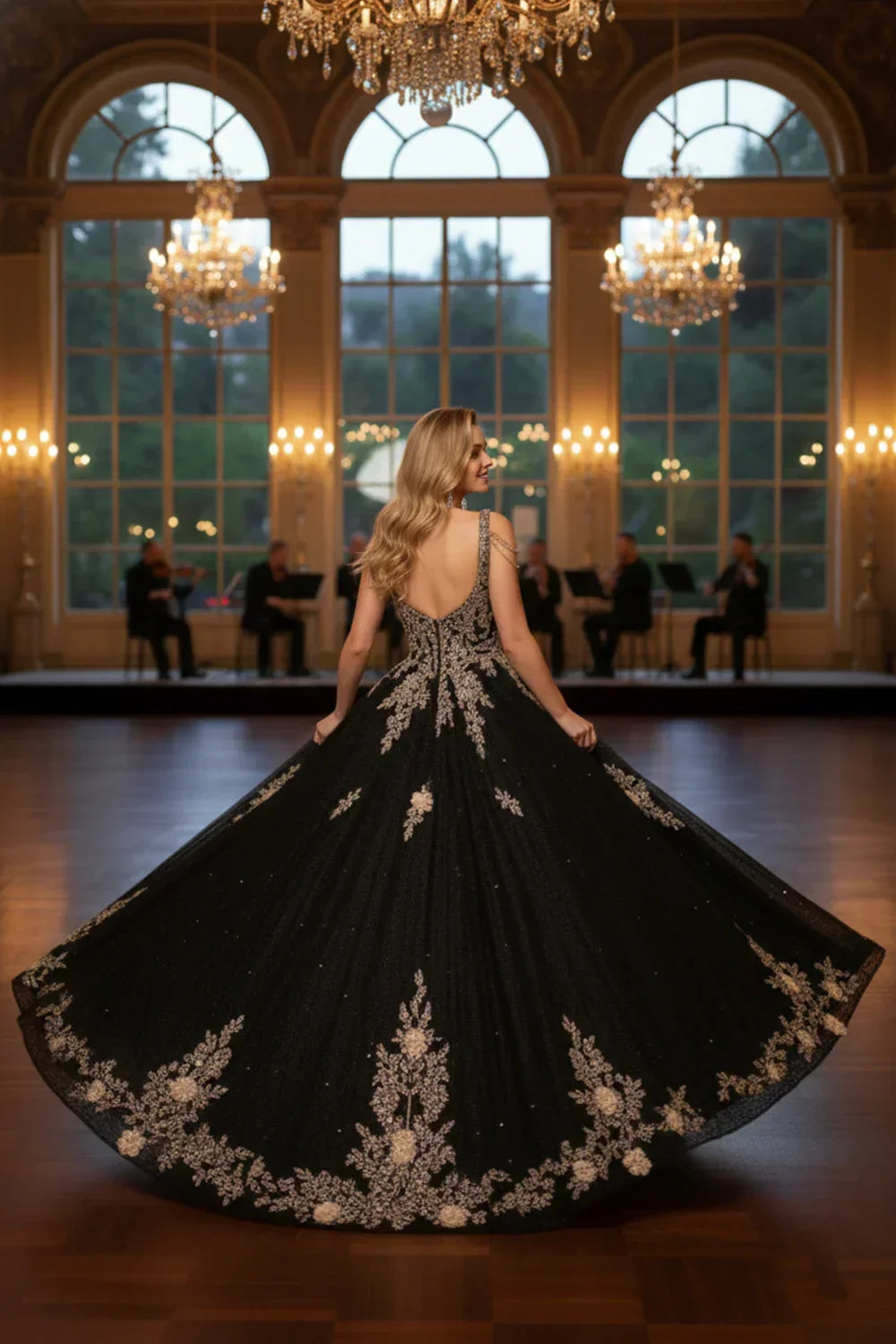 Mariana Ornate Floral Ball Gown Spaghetti Strap Quinceañera Dress With Beading