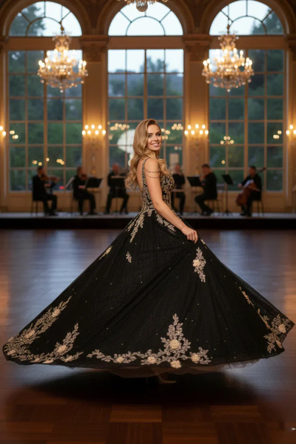 Mariana Ornate Floral Ball Gown Spaghetti Strap Quinceañera Dress With Beading