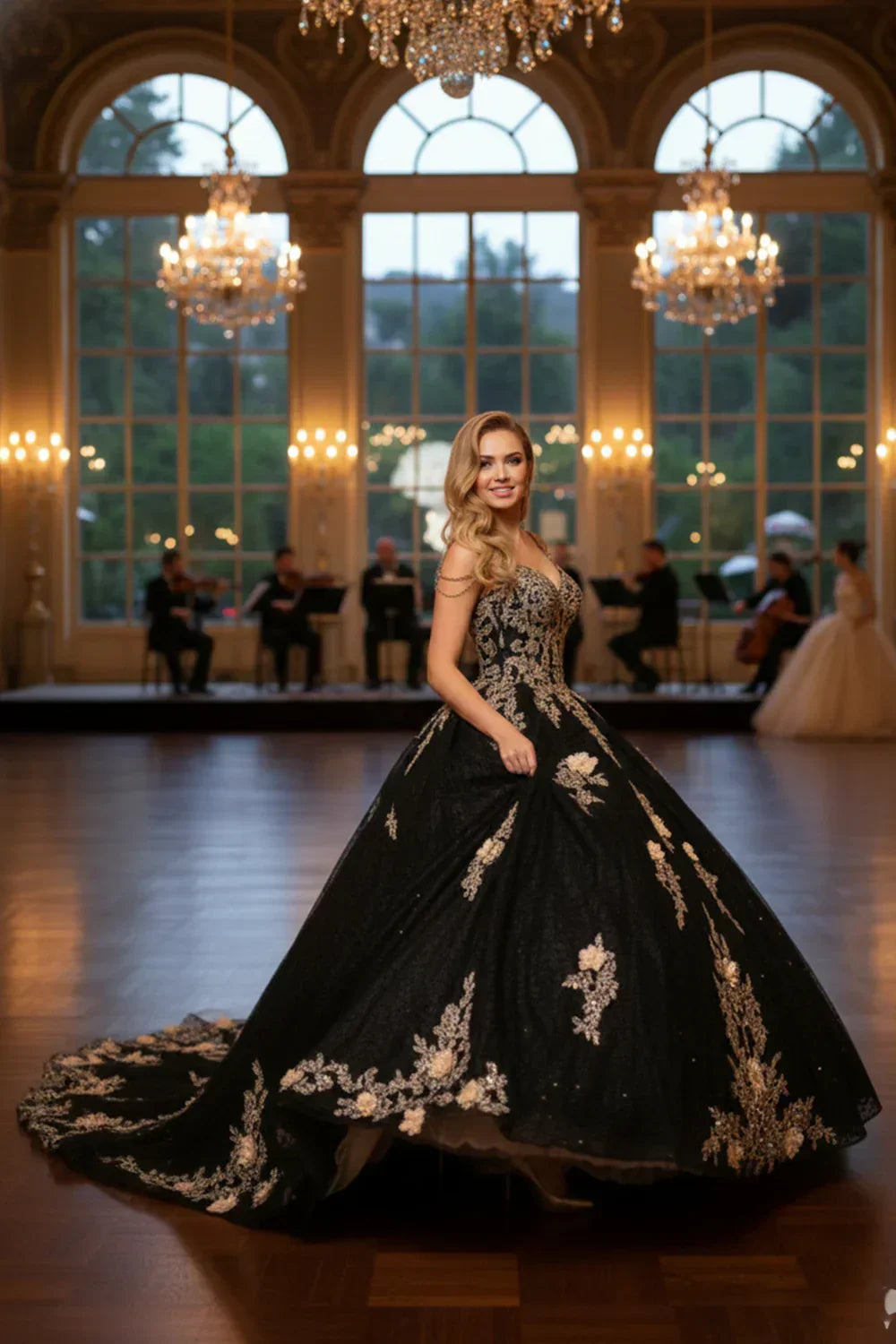 Mariana Ornate Floral Ball Gown Spaghetti Strap Quinceañera Dress With Beading