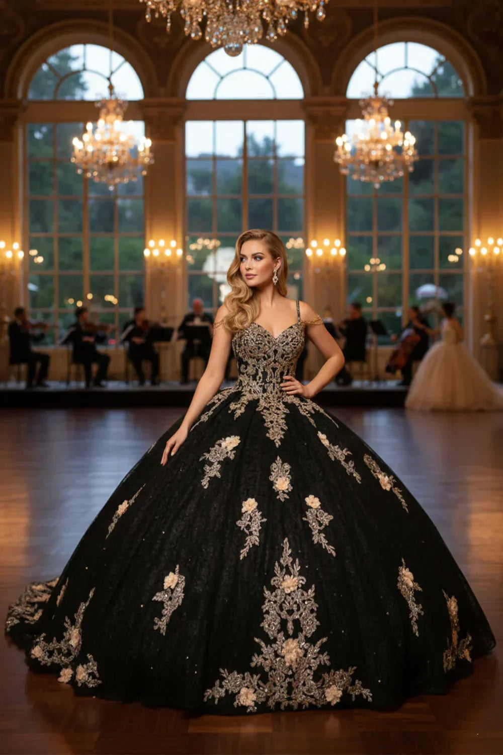 Mariana Ornate Floral Ball Gown Spaghetti Strap Quinceañera Dress With Beading