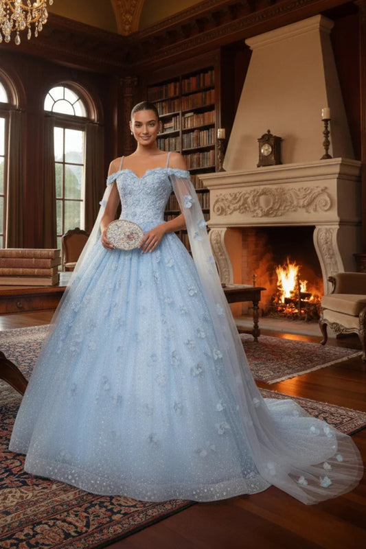 Paloma Sheer Cape Ball Gown Off-the-shoulder Quinceañera Dress With 3D Floral