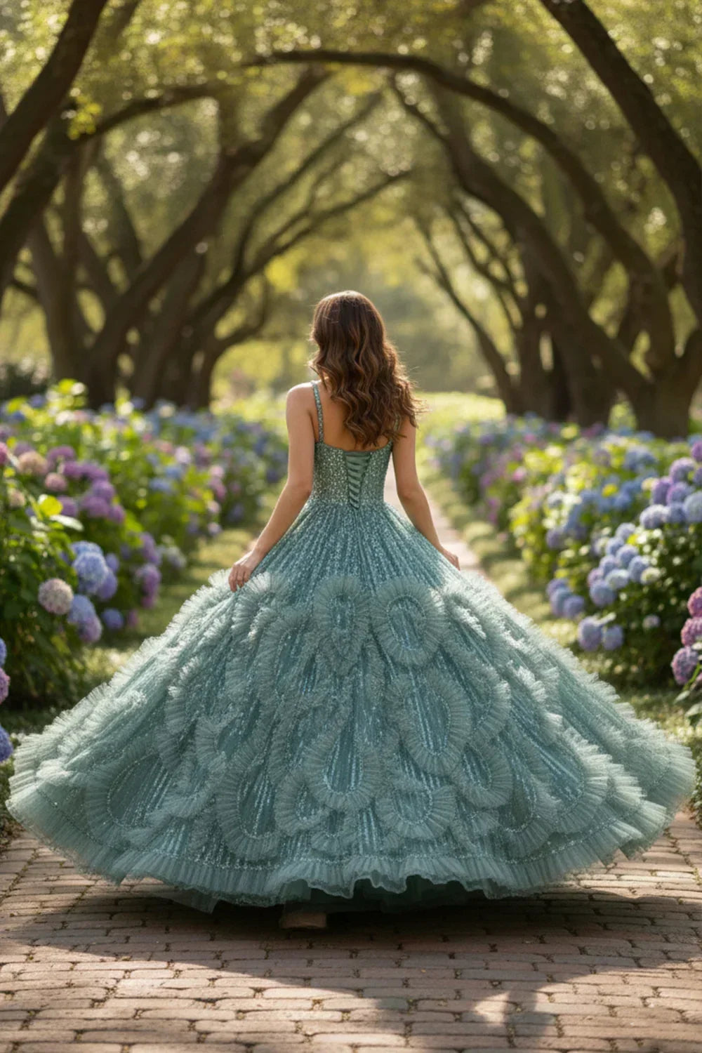 Xiomara Textured Ruffle Ball Gown Spaghetti Strap Quinceañera Dress With Glitter