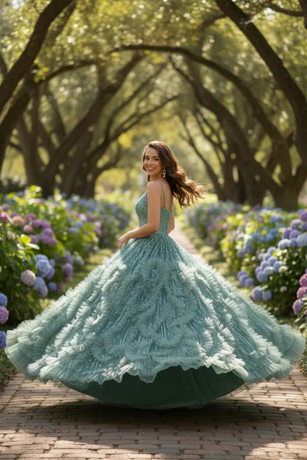 Xiomara Textured Ruffle Ball Gown Spaghetti Strap Quinceañera Dress With Glitter