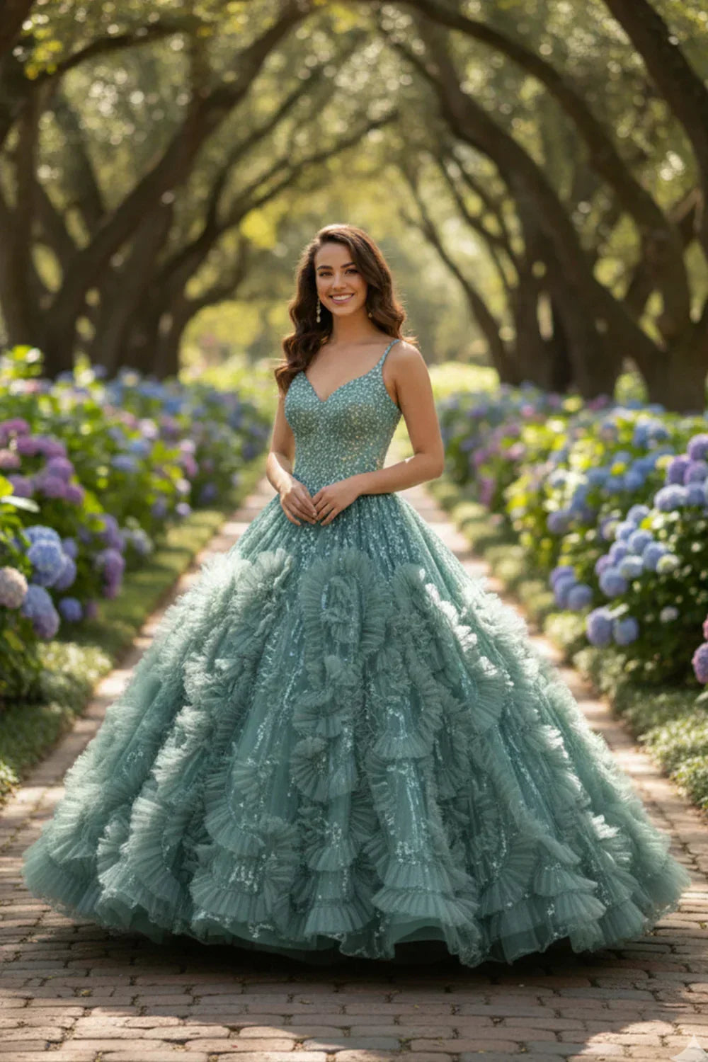 Xiomara Textured Ruffle Ball Gown Spaghetti Strap Quinceañera Dress With Glitter