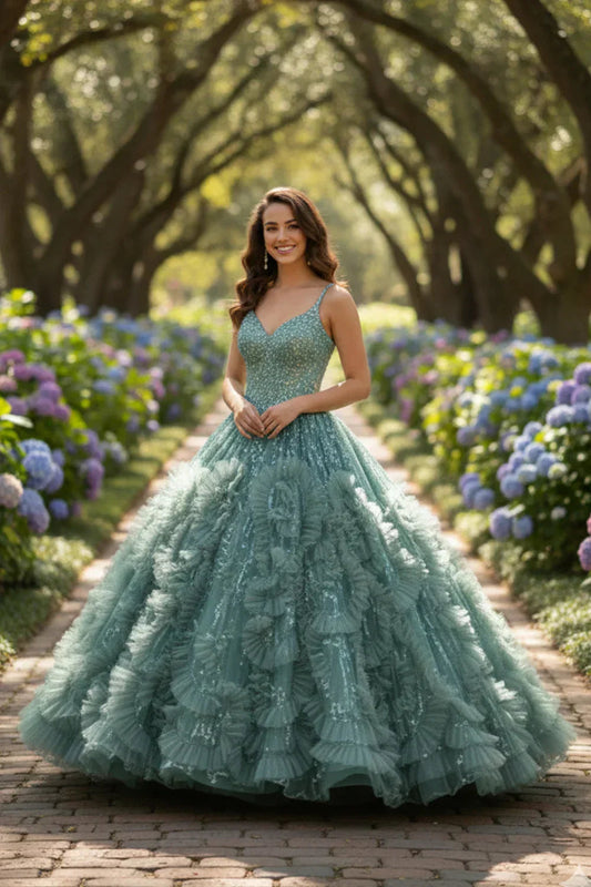 Xiomara Textured Ruffle Ball Gown Spaghetti Strap Quinceañera Dress With Glitter