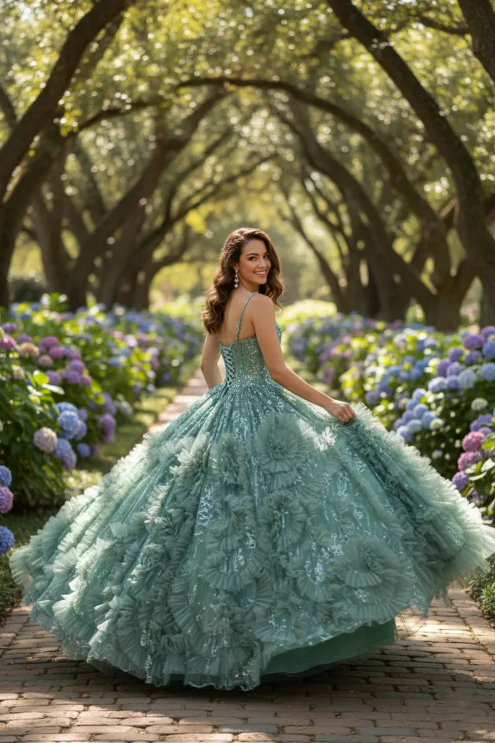 Xiomara Textured Ruffle Ball Gown Spaghetti Strap Quinceañera Dress With Glitter