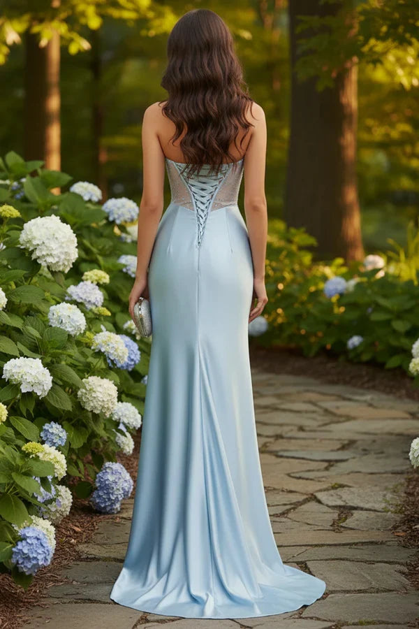 Belrienne Strapless Beaded Corset Satin Mermaid Prom Dress with Slit