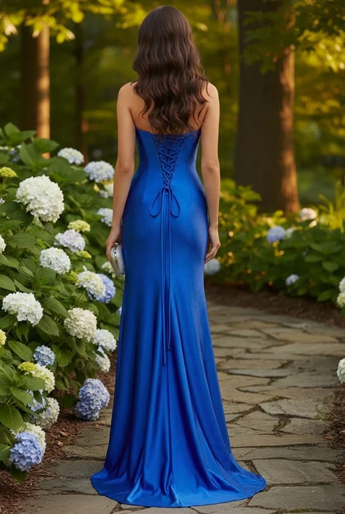Belrienne Strapless Beaded Corset Satin Mermaid Prom Dress with Slit
