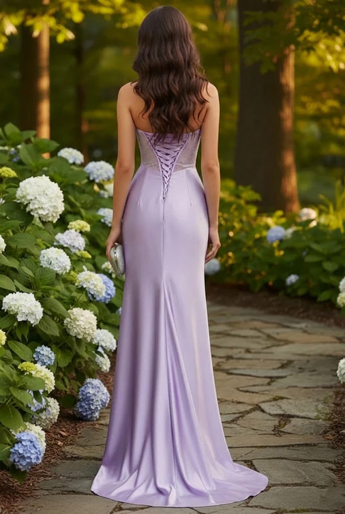 Belrienne Strapless Beaded Corset Satin Mermaid Prom Dress with Slit