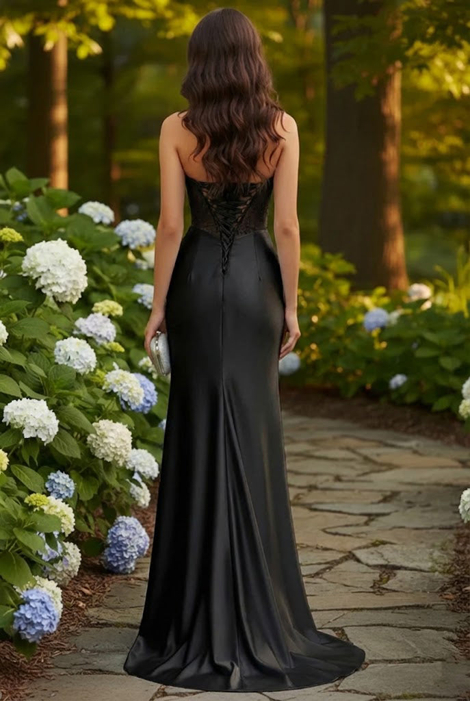 Belrienne Strapless Beaded Corset Satin Mermaid Prom Dress with Slit
