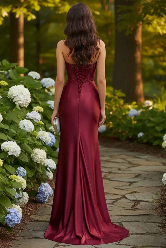 Belrienne Strapless Beaded Corset Satin Mermaid Prom Dress with Slit