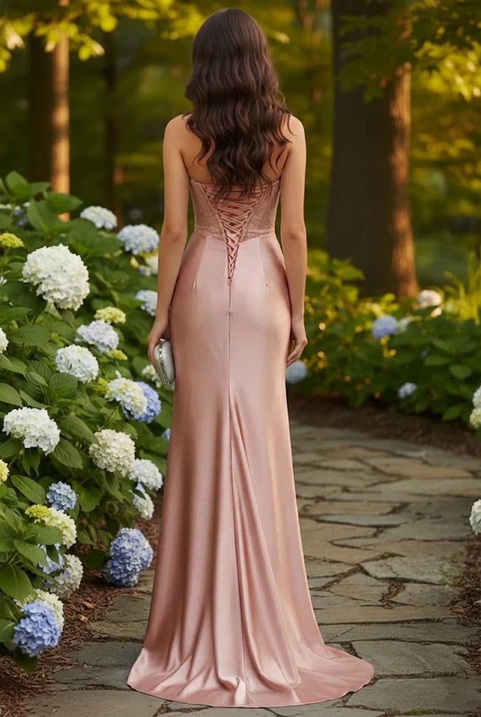 Belrienne Strapless Beaded Corset Satin Mermaid Prom Dress with Slit