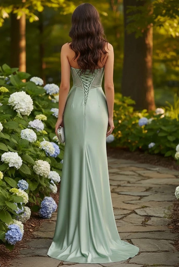Belrienne Strapless Beaded Corset Satin Mermaid Prom Dress with Slit
