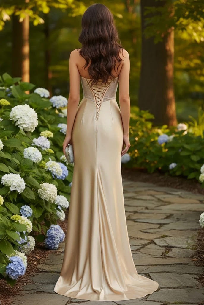 Belrienne Strapless Beaded Corset Satin Mermaid Prom Dress with Slit