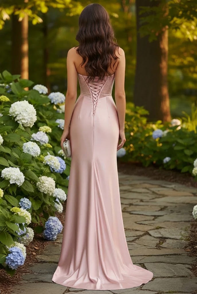 Belrienne Strapless Beaded Corset Satin Mermaid Prom Dress with Slit