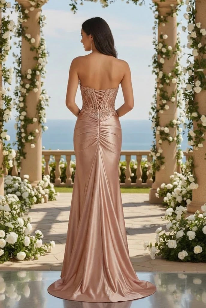 Bellora Strapless Beaded Lace Corset Satin Mermaid Prom Dress with Slit