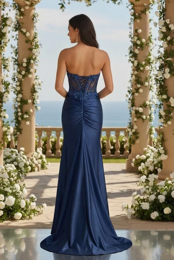 Bellora Strapless Beaded Lace Corset Satin Mermaid Prom Dress with Slit