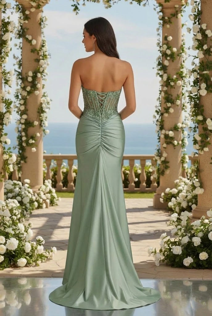 Bellora Strapless Beaded Lace Corset Satin Mermaid Prom Dress with Slit
