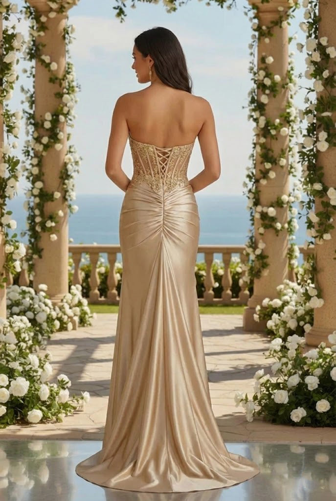 Bellora Strapless Beaded Lace Corset Satin Mermaid Prom Dress with Slit