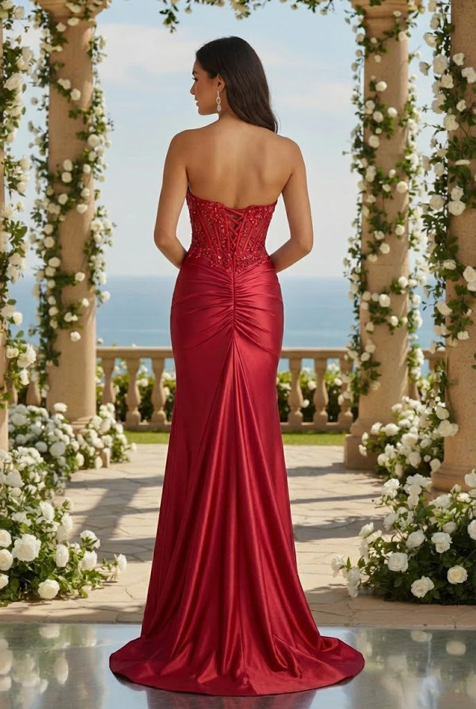 Bellora Strapless Beaded Lace Corset Satin Mermaid Prom Dress with Slit