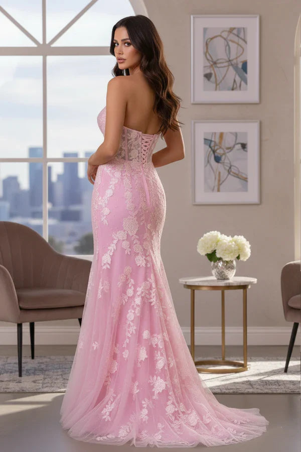 Beldelle Strapless Floral Lace Mermaid Prom Dress with Corset Back
