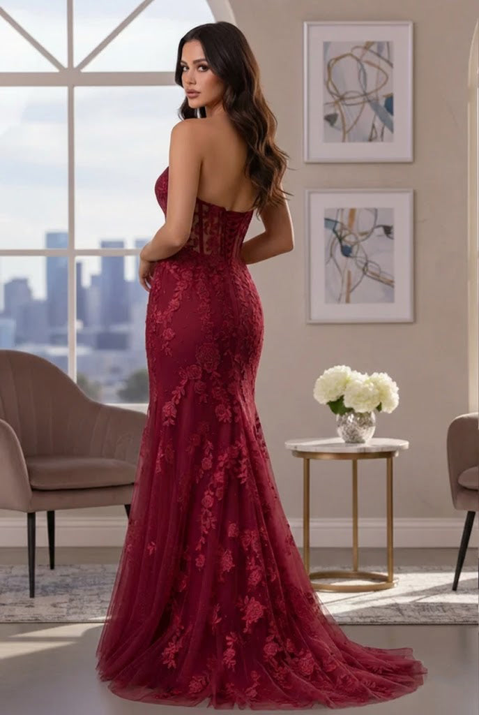 Beldelle Strapless Floral Lace Mermaid Prom Dress with Corset Back