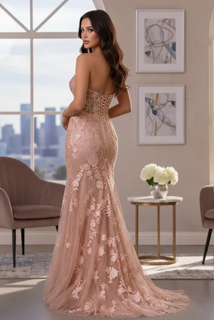 Beldelle Strapless Floral Lace Mermaid Prom Dress with Corset Back
