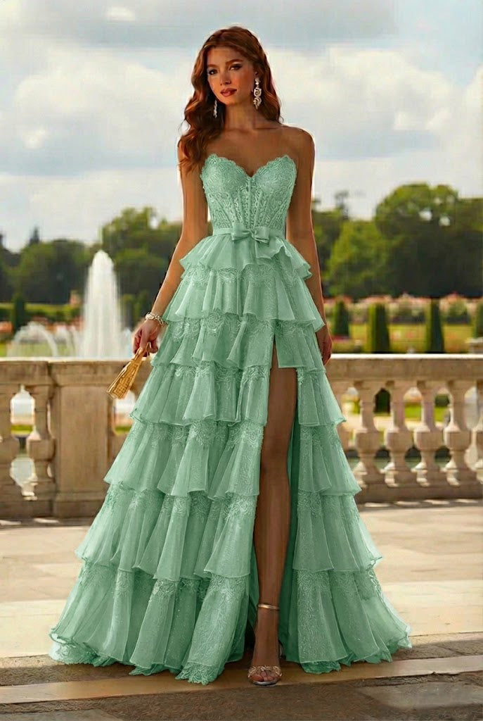 Belmara Strapless Lace Tiered Ruffle Prom Dress with Slit & Corset Back