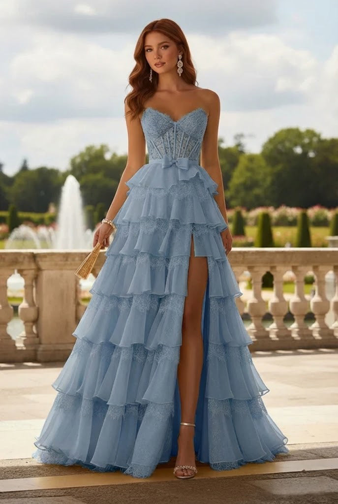 Belmara Strapless Lace Tiered Ruffle Prom Dress with Slit & Corset Back