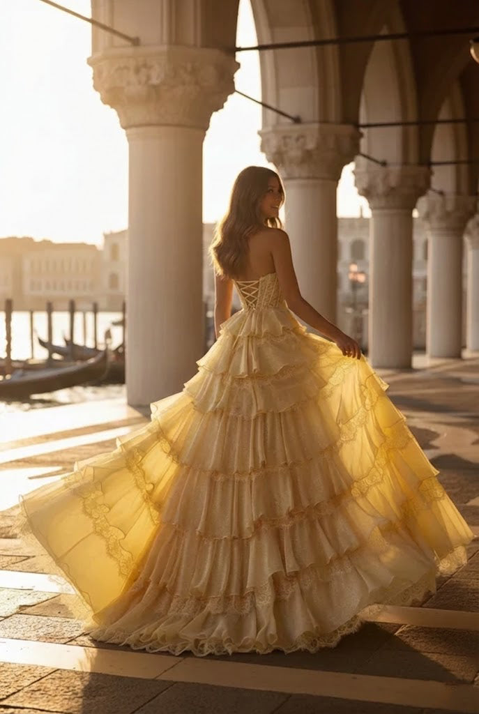 Belmara Strapless Lace Tiered Ruffle Prom Dress with Slit & Corset Back