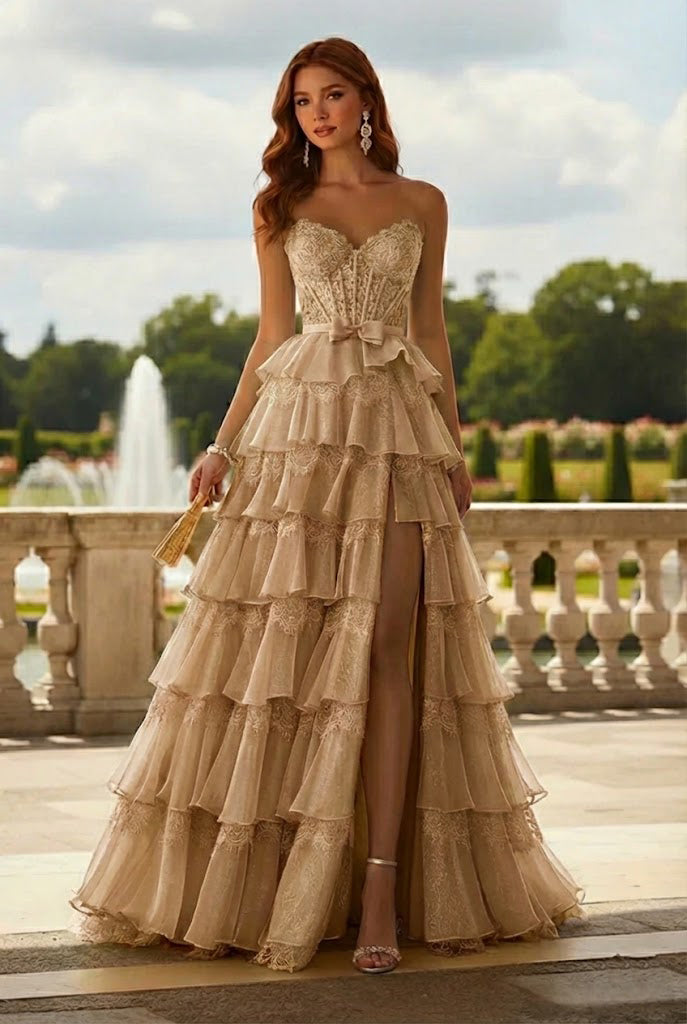Belmara Strapless Lace Tiered Ruffle Prom Dress with Slit & Corset Back