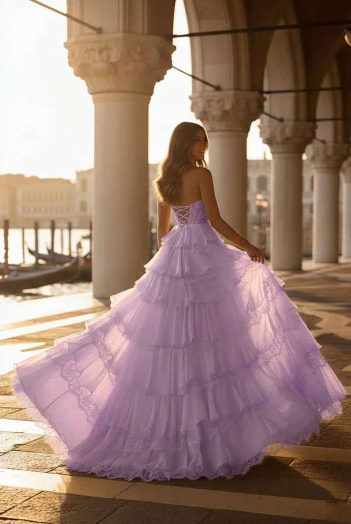Belmara Strapless Lace Tiered Ruffle Prom Dress with Slit & Corset Back