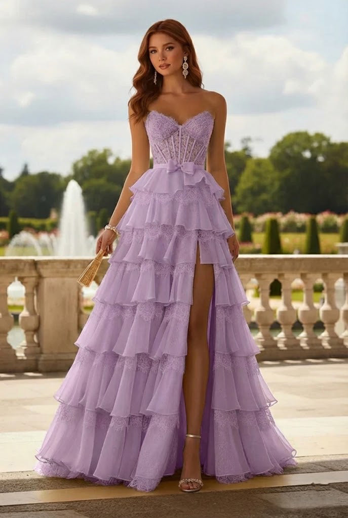 Belmara Strapless Lace Tiered Ruffle Prom Dress with Slit & Corset Back