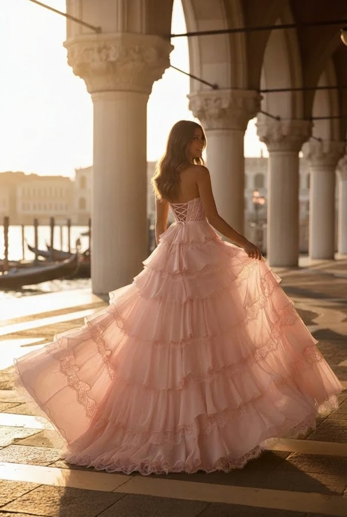 Belmara Strapless Lace Tiered Ruffle Prom Dress with Slit & Corset Back