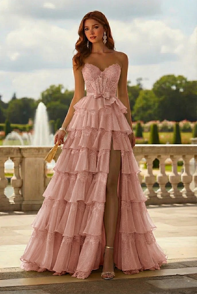 Belmara Strapless Lace Tiered Ruffle Prom Dress with Slit & Corset Back