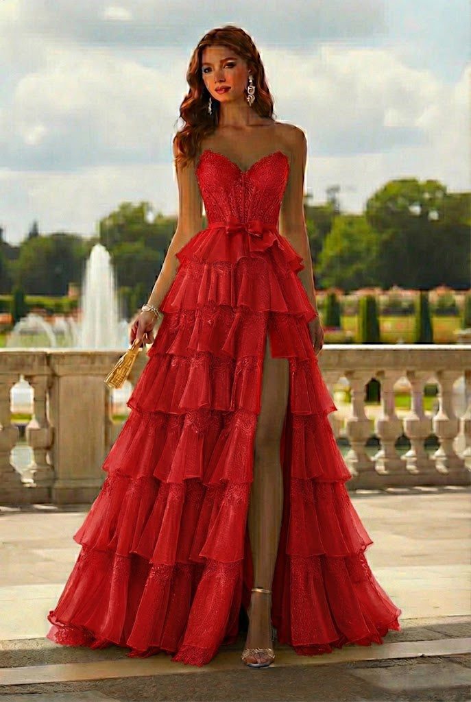 Belmara Strapless Lace Tiered Ruffle Prom Dress with Slit & Corset Back