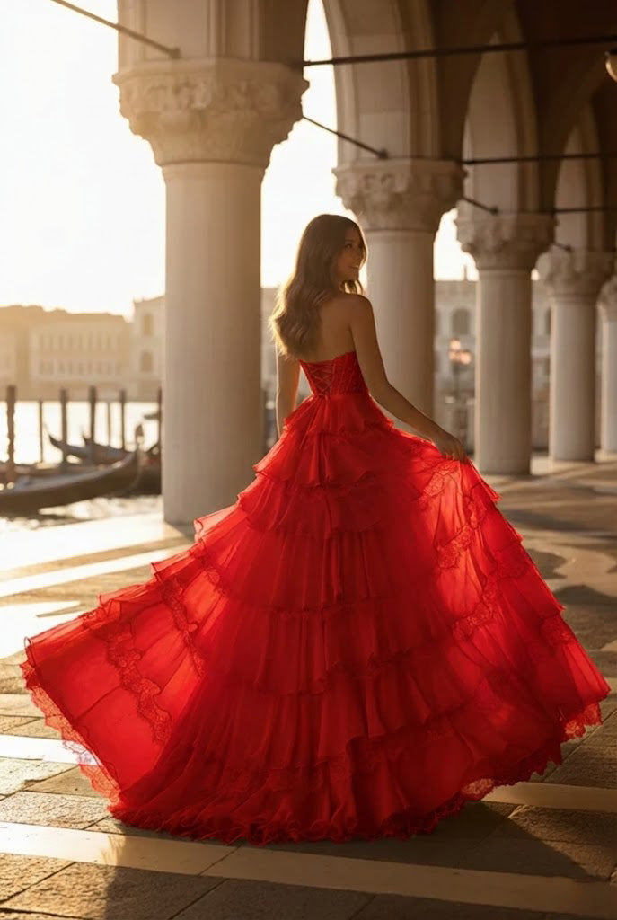 Belmara Strapless Lace Tiered Ruffle Prom Dress with Slit & Corset Back