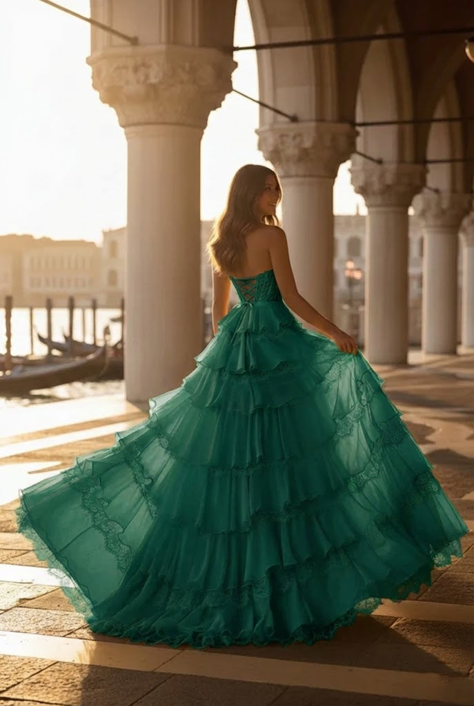 Belmara Strapless Lace Tiered Ruffle Prom Dress with Slit & Corset Back
