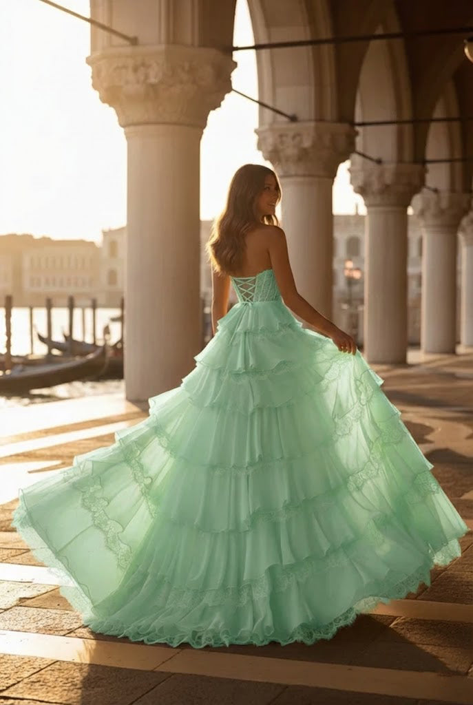 Belmara Strapless Lace Tiered Ruffle Prom Dress with Slit & Corset Back